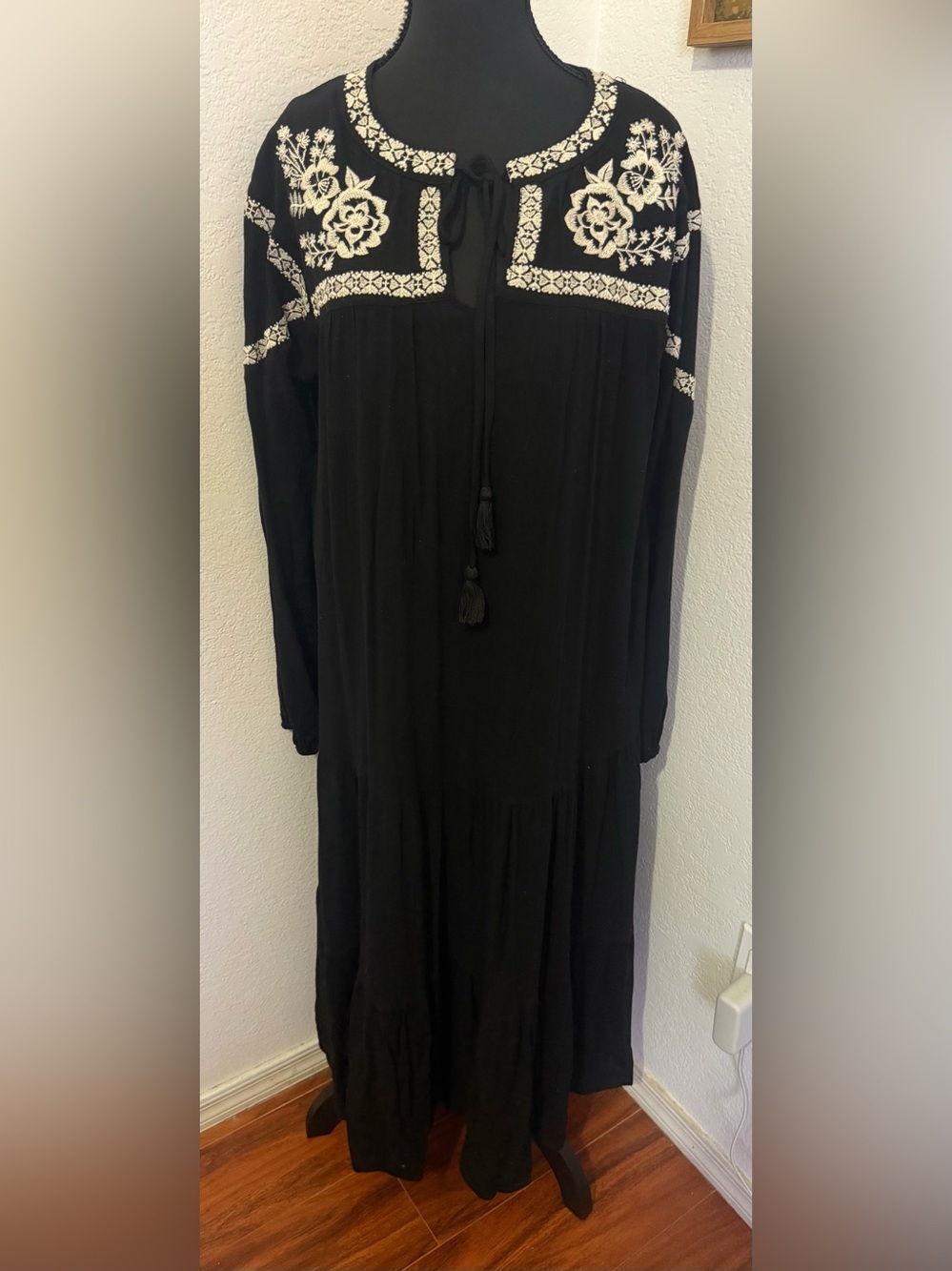 In Loom Black Embroidered Long Sleeve Maxi Dress - Classic Boho - Small NWT